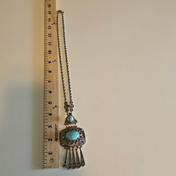 Vintage Native American Style Silver Engraved Turquoise Cabochon Necklace - Picture 7 of 8